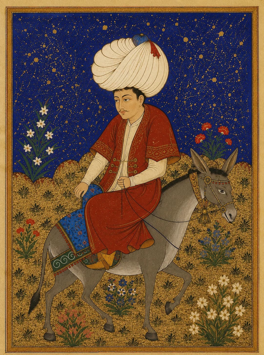 An Ottoman miniature of a young man riding a donkey