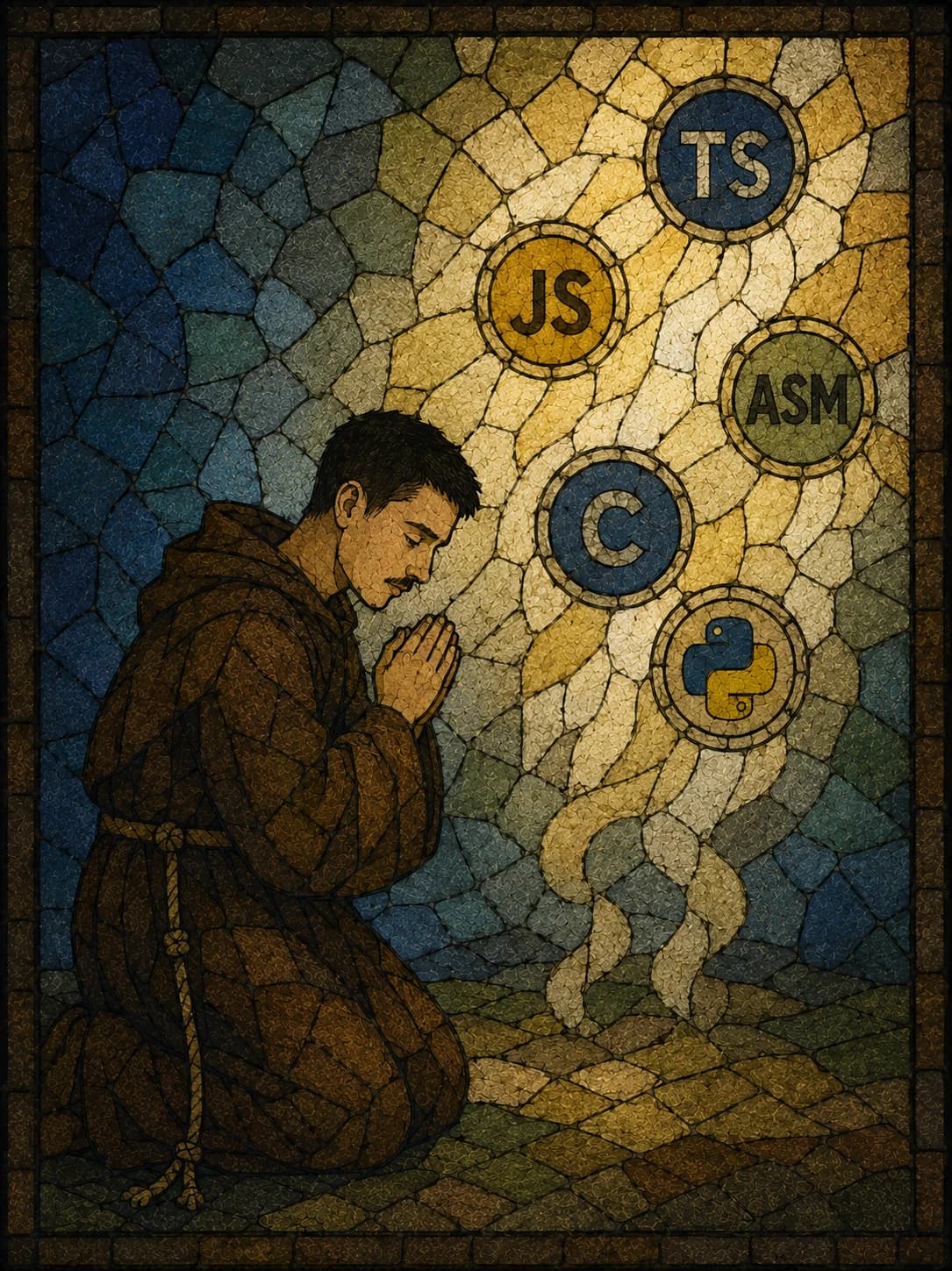 A mosaic of a kneeling figure before the marks of several programming languages